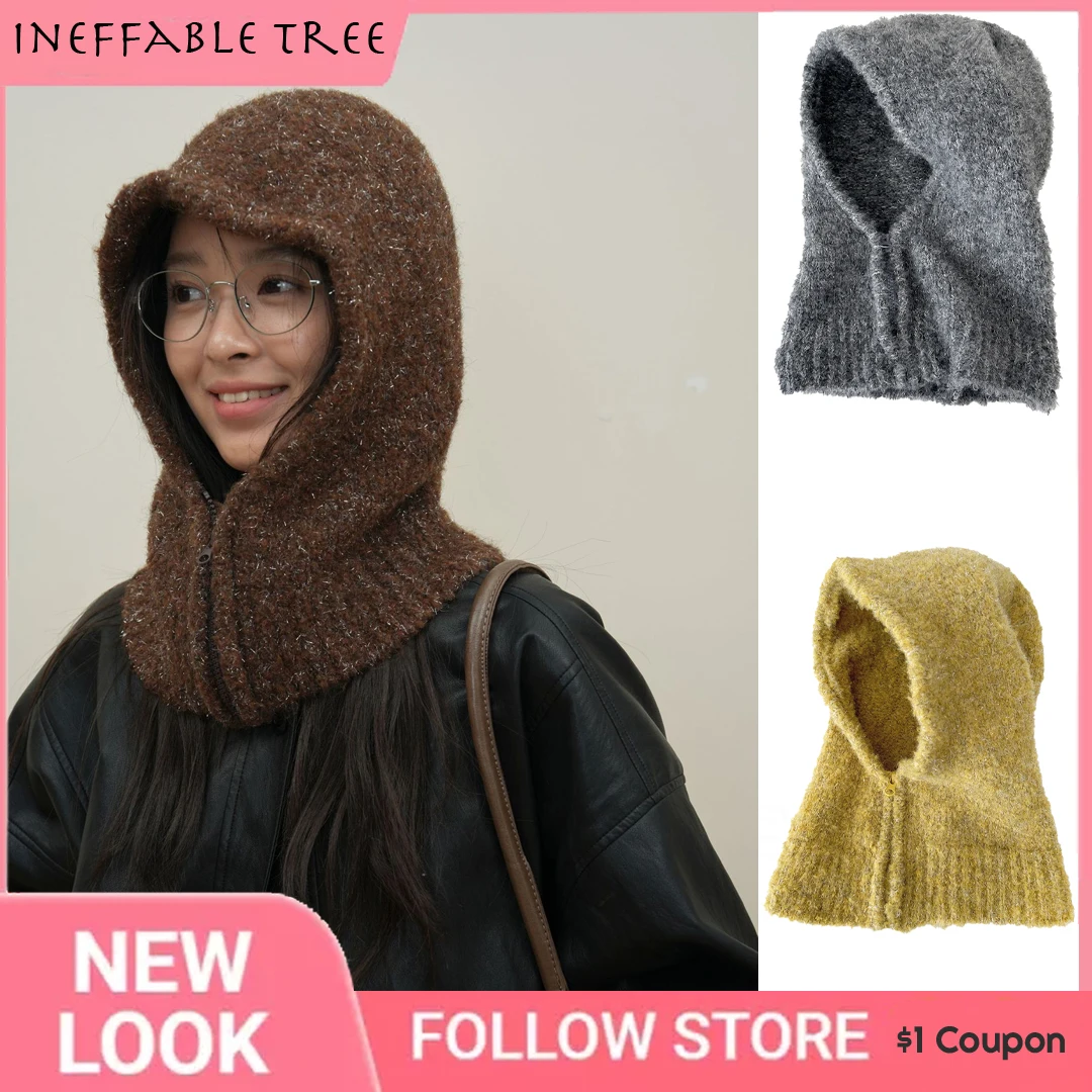 Y2K Pullover Knitted Zip Balaclava Hats for Women Winter Outdoor Warm Cold-proof Neck Wrap Neck Protect Bomber Hat Gorras