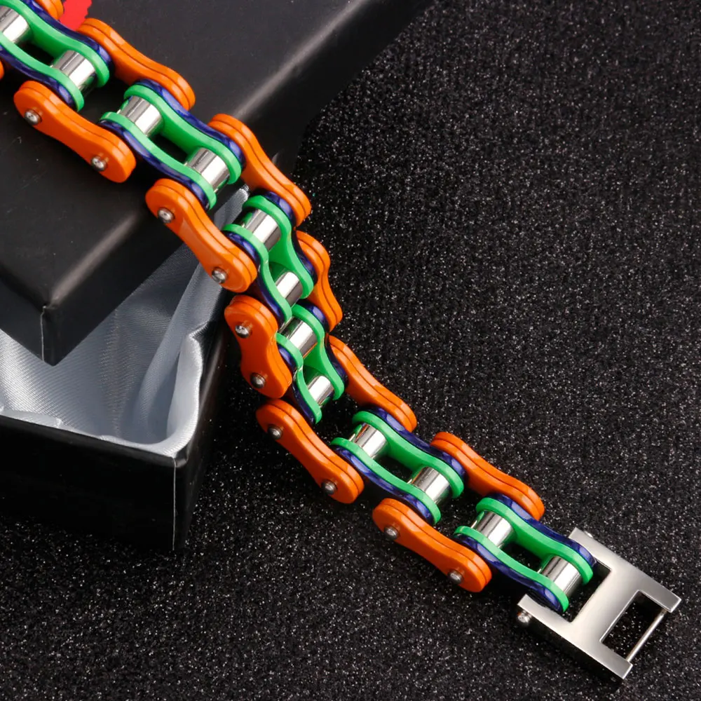 أساور برتقالية للرجال، أساور ربط سلسلة الدراجات النارية للرجال باللون الأزرق، مجوهرات زوجين ثقيلة من الفولاذ المقاوم للصدأ #4