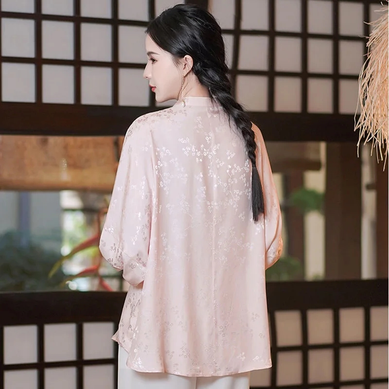 Chinese Style Women\'s Shirt  Embroidery Standing Collar Buckle Tang Clothes Tops Fashion Lady Clothing Loose Long Sleeve