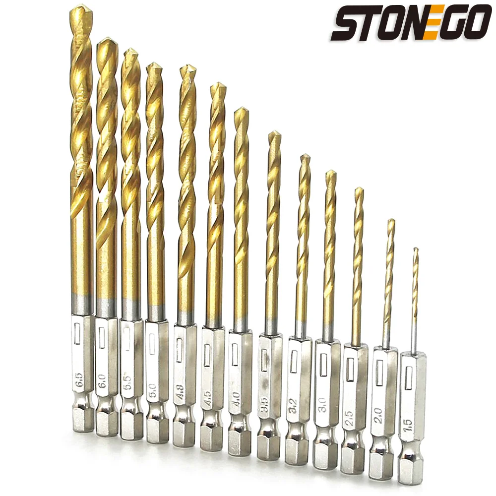 STONEGO 2PCS/13PCS Titanium Coated High Speed Steel Hex Handle Drill Bit Set, 1.5mm - 6.5mm, for Wood, Plastic, Aluminum