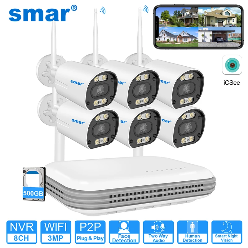 Smar-Wireless CCTV Kit Sistema de Câmera, Wi-Fi, 3MP, HD 5MP, Áudio Segurança, AI Face Detect, IP, 8CH NVR, Video Vigilância Set, ICSEE