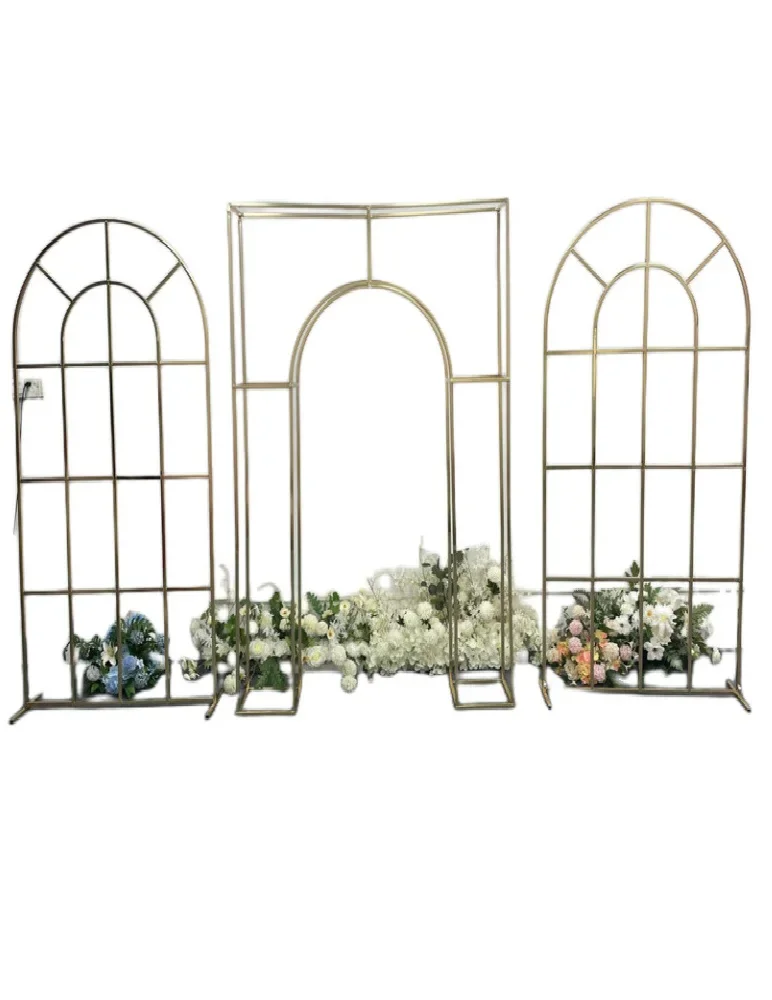 3pcs Wedding Gold Plated Screen Background Combination Frame Iron Arch Indoor Scene Decoration Props and Flower Racks