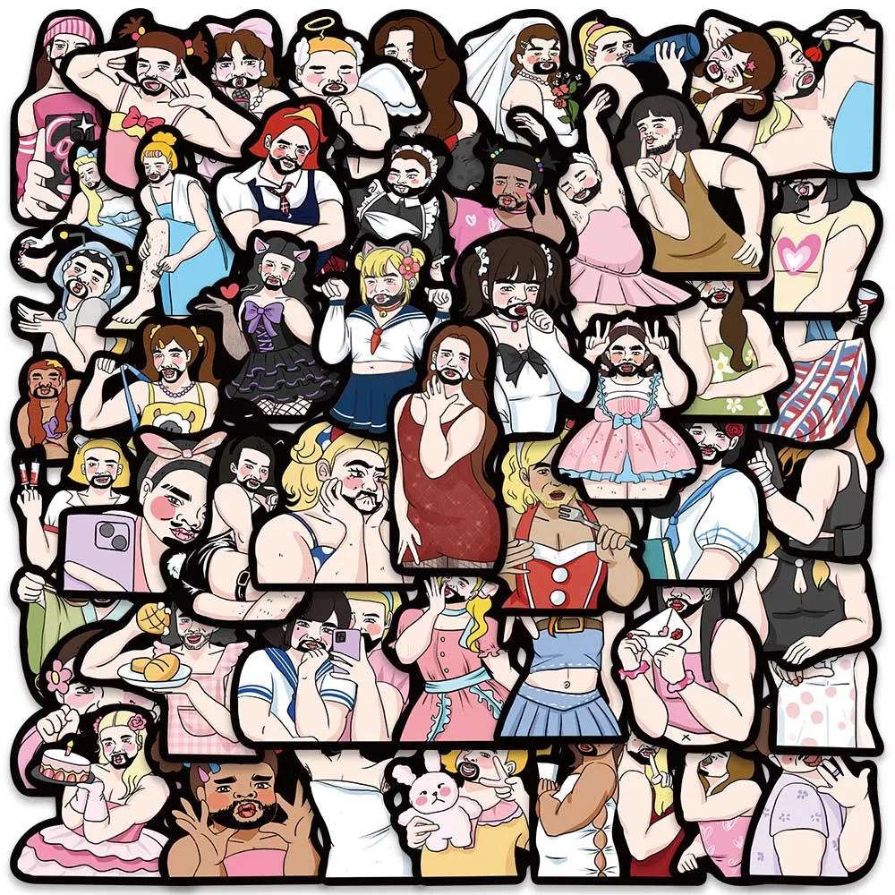 

50pcs Funny Cartoon Women Dress Big Beard Spoof Stickers For Laptop Luggage Guitar Skateboard Waterproof Graffiti Vinyl Decal