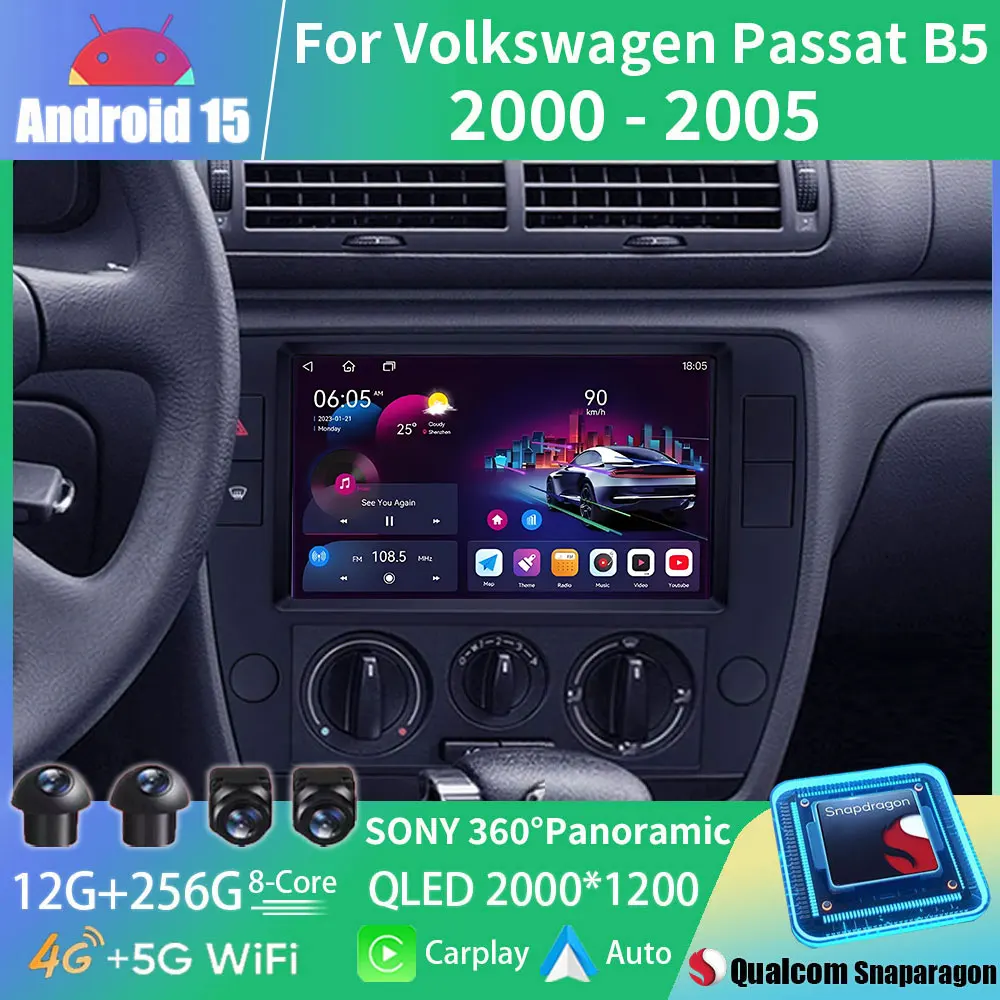For Volkswagen Passat B5 2000 2001 2002 2003 2004 2005 Android 15 Carplay Auto 2K Screen Car Radio Multimedia Player 5G WIFI+4G