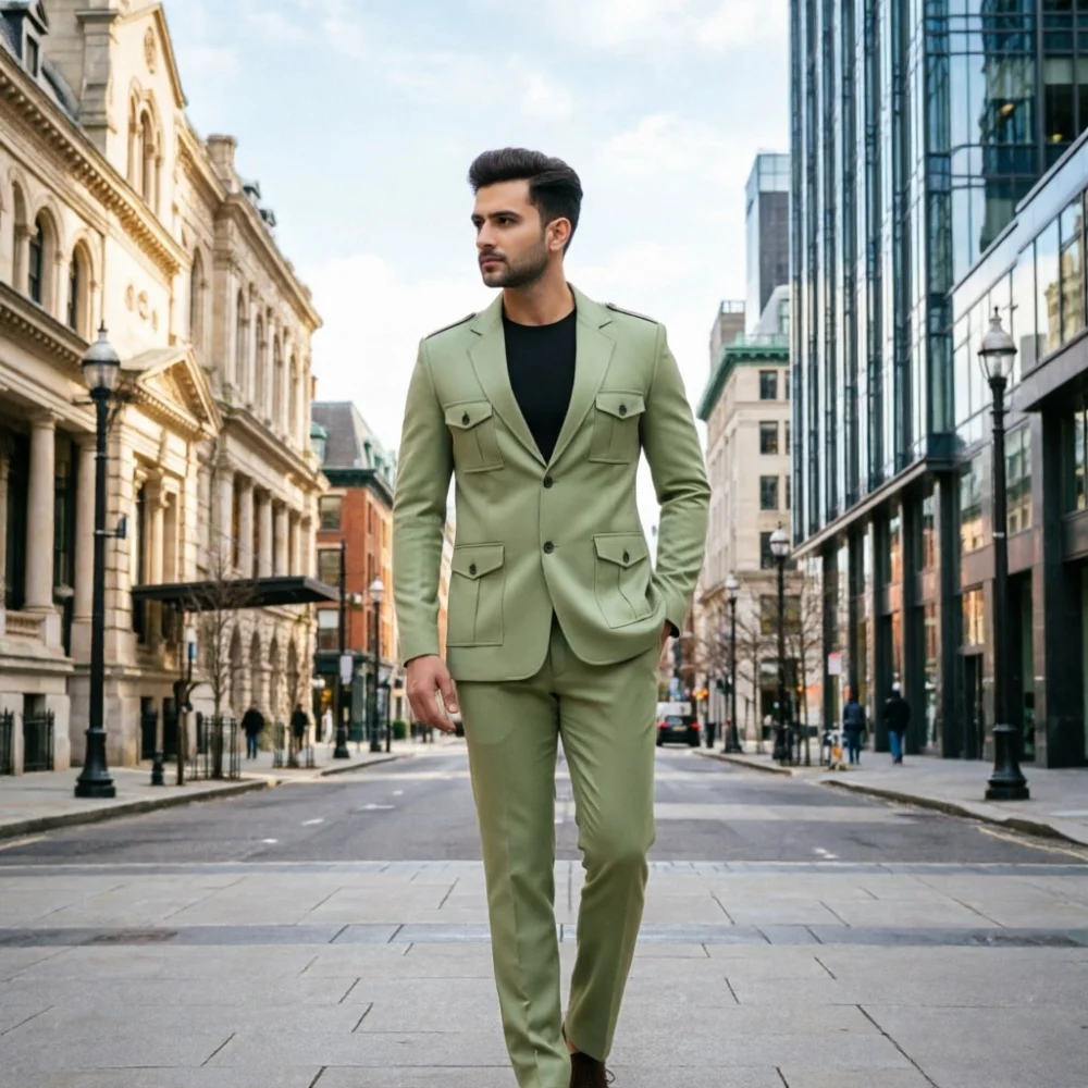 

Мужской костюм в стиле сафари, винтажный французский стиль, цвет шалфейно-зеленый, повседневный приталенный пиджак для уличной моды, на каждый день, для свиданий.