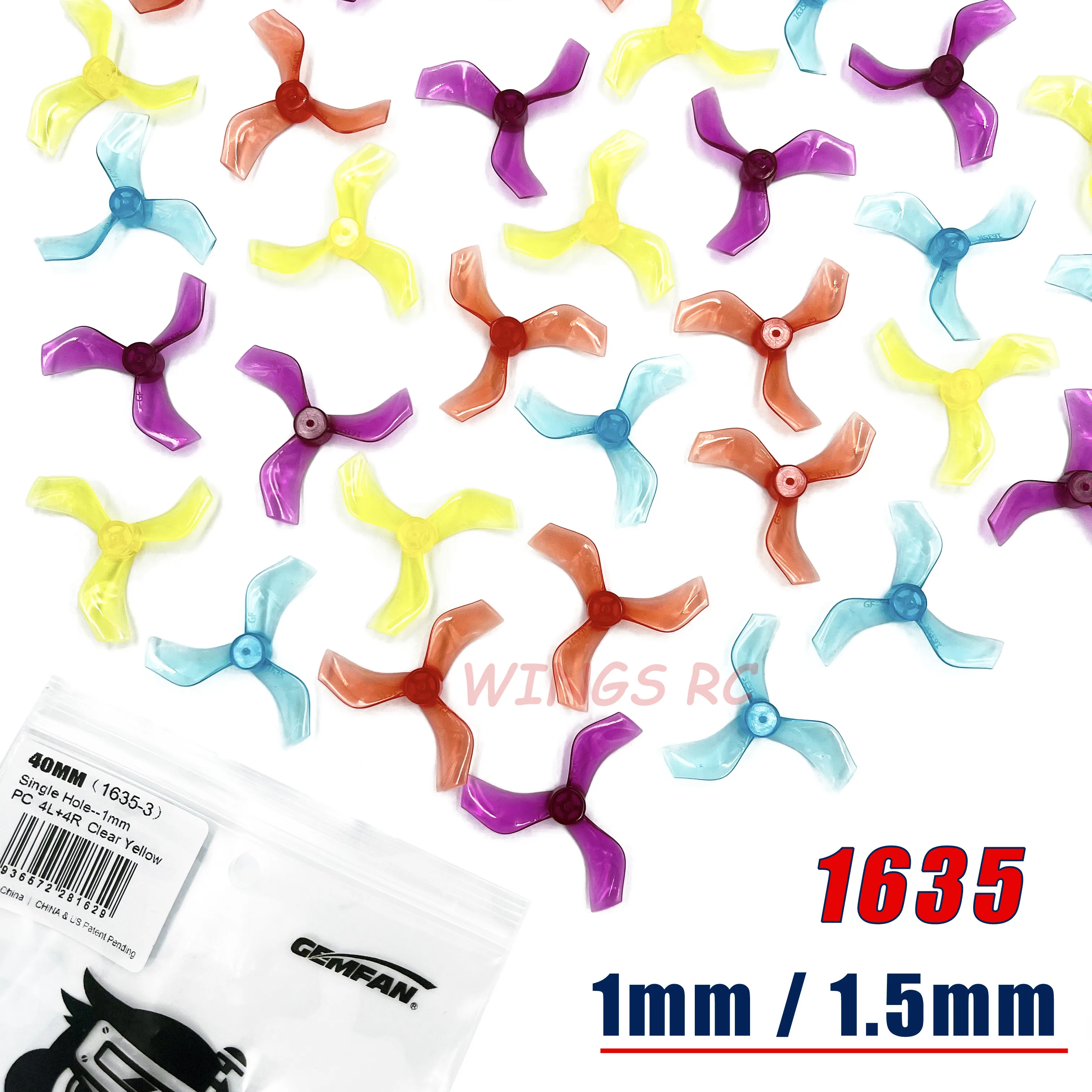 16PCS Gemfan 1635 40mm 1.6X3.5X3 3-Blade PC Propeller 1mm 1.5mm Single Hole for FPV Racing Brushless Tinywhoop Drones 1103 1105