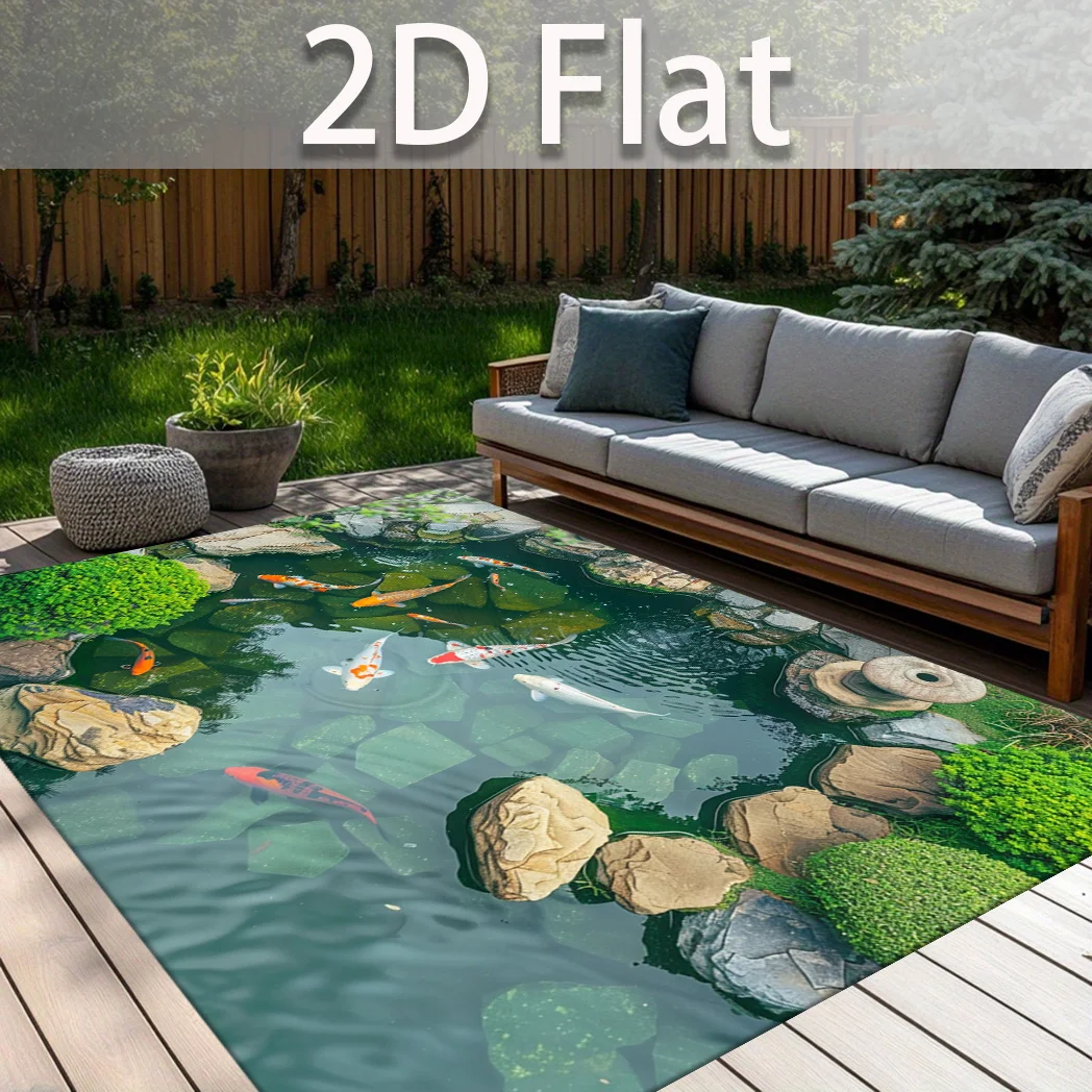 1pc 2D Flat Koi Fish Pond Pattern Rectangular Non‑Slip Area Rug, Home Indoor Rug for Living Room, Bedroom, Bedside