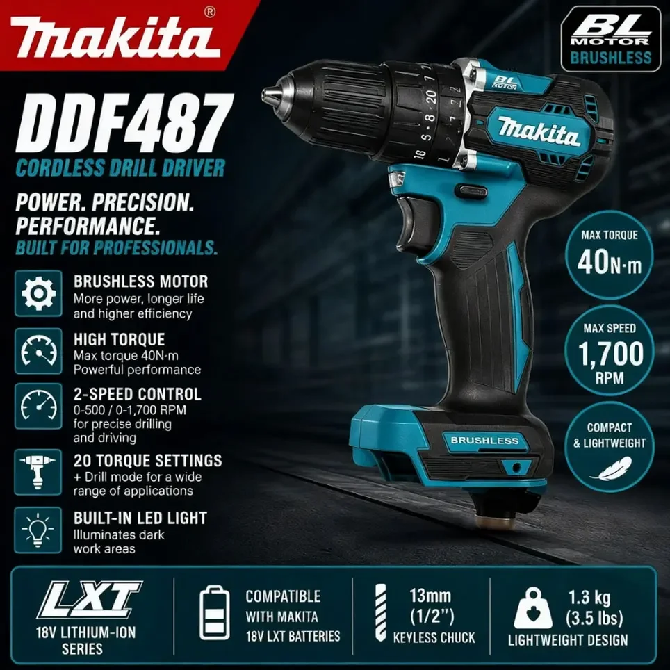 Trapano avvitatore a impulsi senza fili Makita DDF487 18V, utensile elettrico ricaricabile per riparazioni auto - 100% originale, batteria Makita 18V 6Ah, batteria al litio di ricambio BL1840 BL1830B