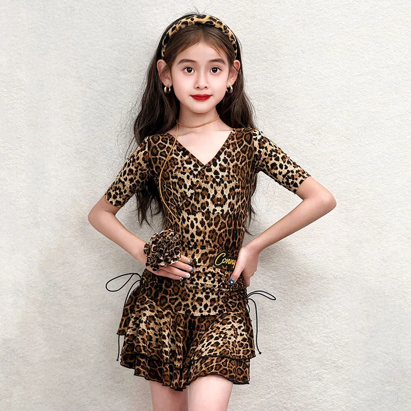 

2026 Leopard Latin Dance Suit Girl Short Sleeve V-Neck Top Skirt Set Children Latin Show Performance Dress Training Clothes 3389