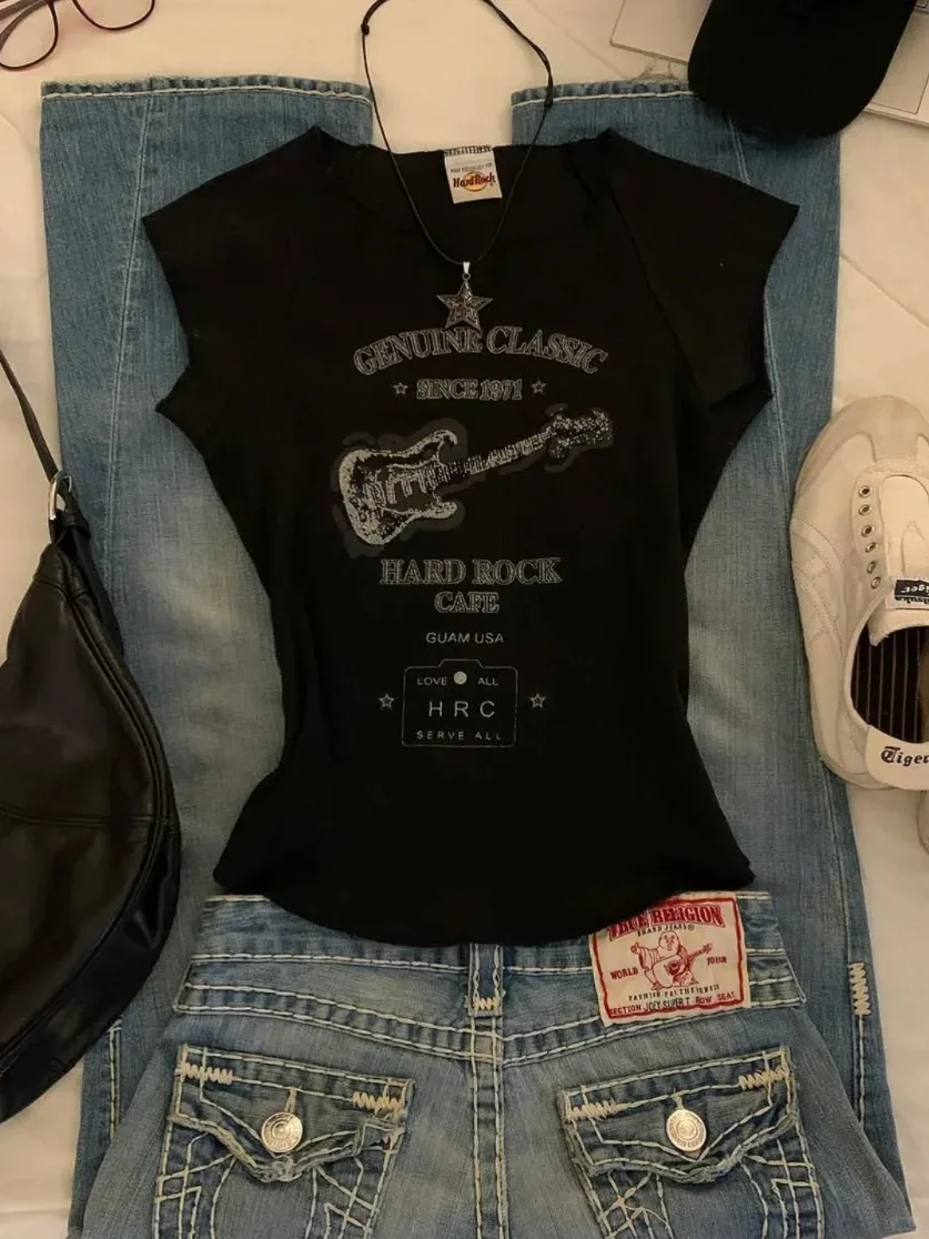 

90s Grunge Hot Girl Letter T shirts Y2k Clothes Streetwear Punk Gothic Gyaru Slim Crop Top Sexy Summer Short-sleeved Tees Blusen