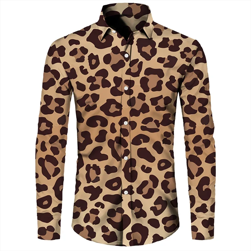 Stylish Men\'s Shirt Leopard 3D Print Turn-down Collar Button Long Sleeve Tops Vintage Men Women Streetwear Clothes Tees Shirts