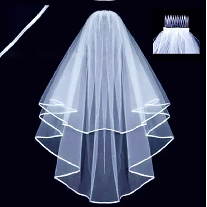 Tulle White Ivory Two Layers Ribbon Edge Comb Cheap Wedding Accessories Short Bridal Veil