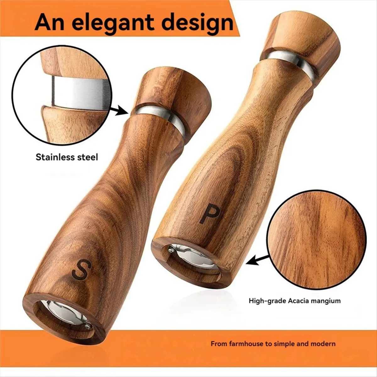 

(AIMA) Wooden Salt and Pepper Grinder Set Pepper Grinder Manual,Adjustable Coarseness,with Salt&Pepper Mill Tray,Spoon