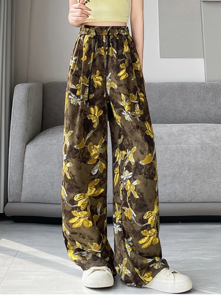 

Elastic High Waist Print Wide Leg Pants For Women 2025 New Summer Slimming Versatile Floral Straight Leg Casual Pants