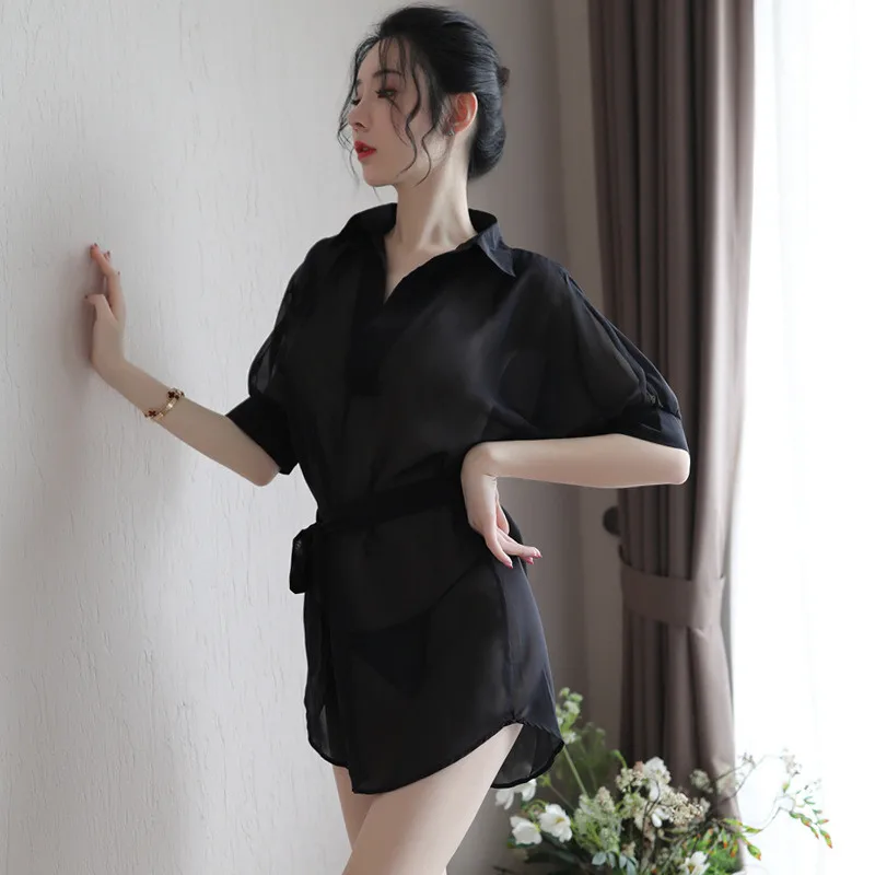 New Hot Sexy Lingerie OL Uniform Costume Summer Style Long Chiffon Shirt Hollow Out Transparent for Women Cosplay Passion Night