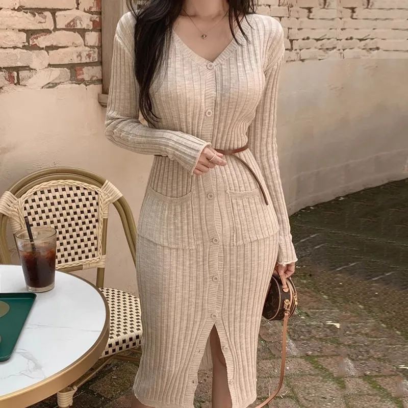 

Apricot V-neck Sweater Dress Women 2023 Autumn Winter Single-breasted Knitted Dress Female Streetwear Split Chic Long Knitwear