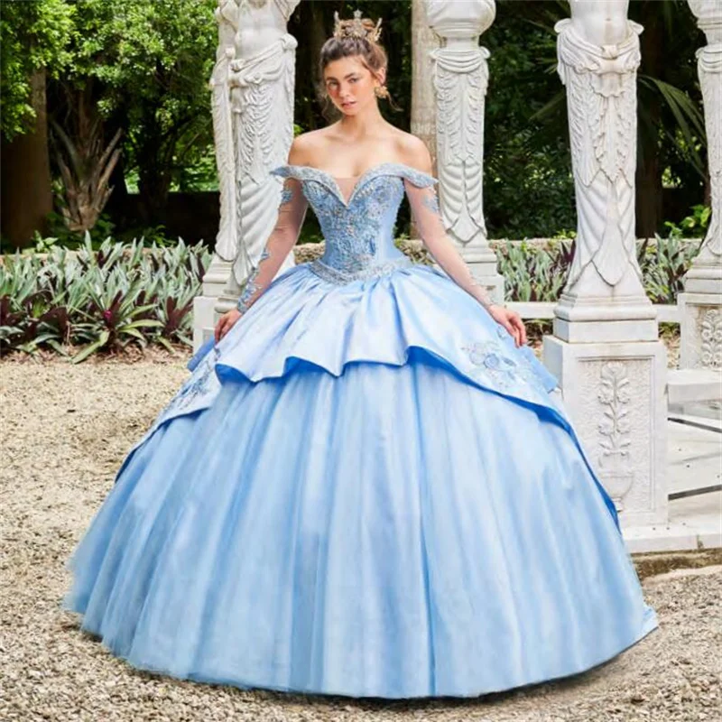 Céu azul Charro Quinceanera Vestidos vestido de baile Mangas compridas Tule Apliques Pérolas Doce mexicano 16 vestidos 15 Anos