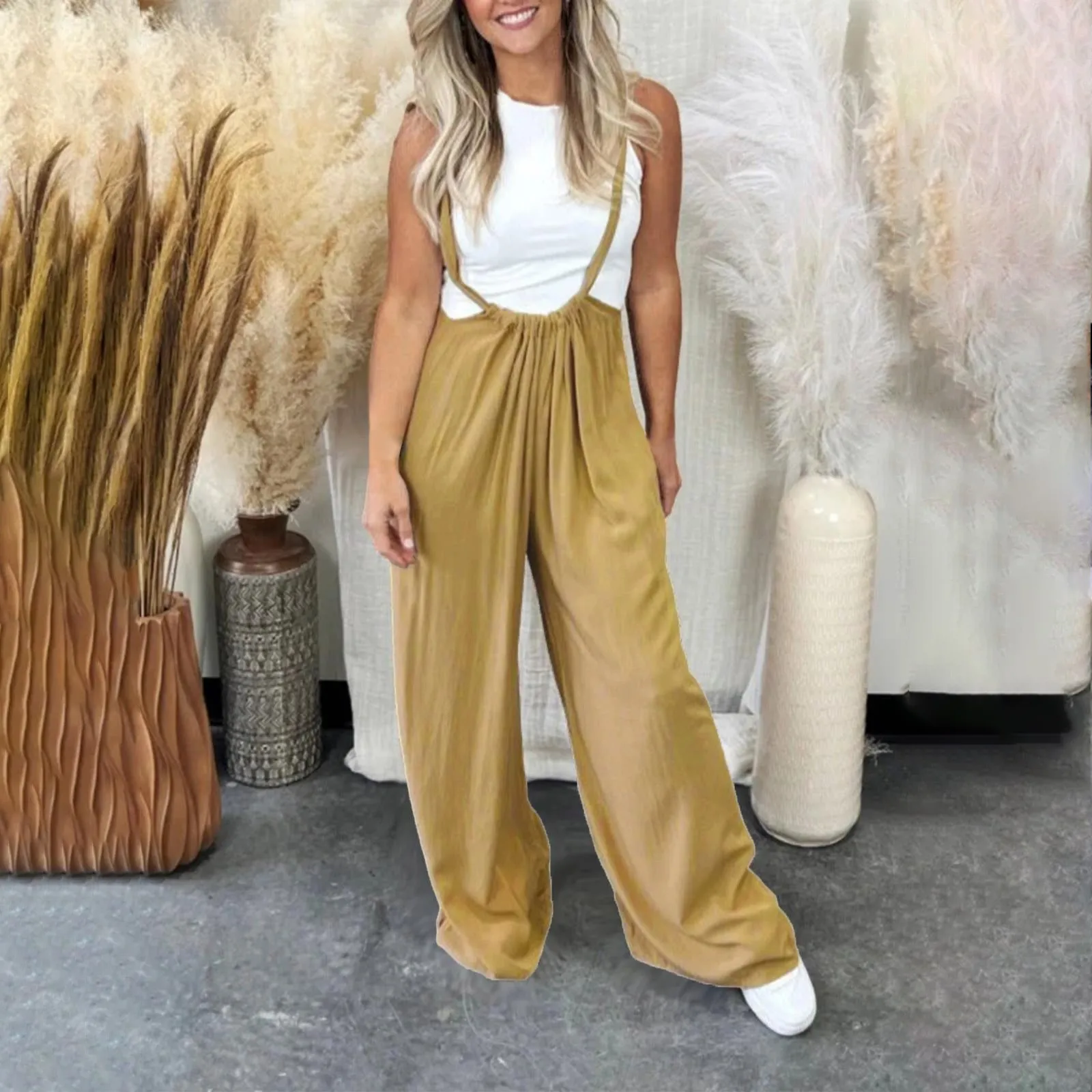 

Women's Casual Pants Solid Color Loose Suspenders Pants Four Seasons Fashion Oversize Jumpsuit Casual Baggy Pants 2024 New