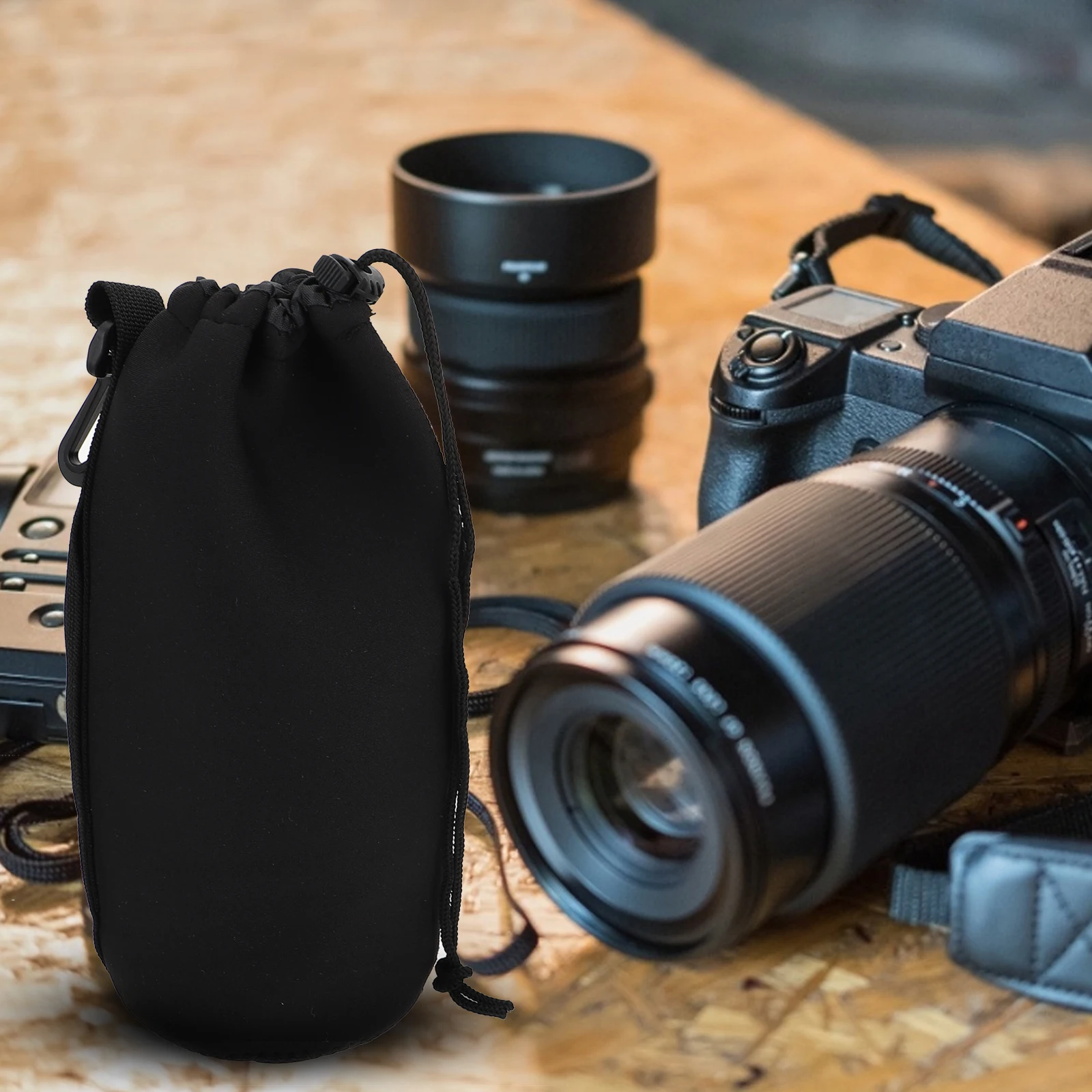 

2 PCS Camera Lens Bags Neoprene Drawstring Pouch Travel Storage Case Hooks Elastic Adjustable for Lenses up to 22cm 10cm