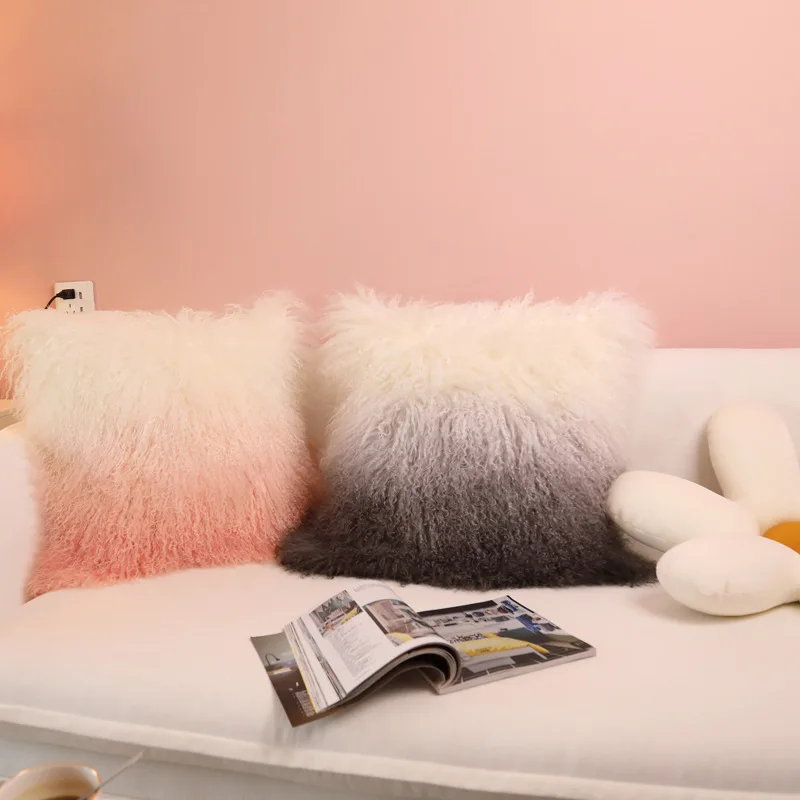 100% Wool Mongolian Fur Cushion Cover Villa Model Room Bedroom Sofa Gradient Ramp Cover Pure Fur Plush Pillow Decoration 45x45cm