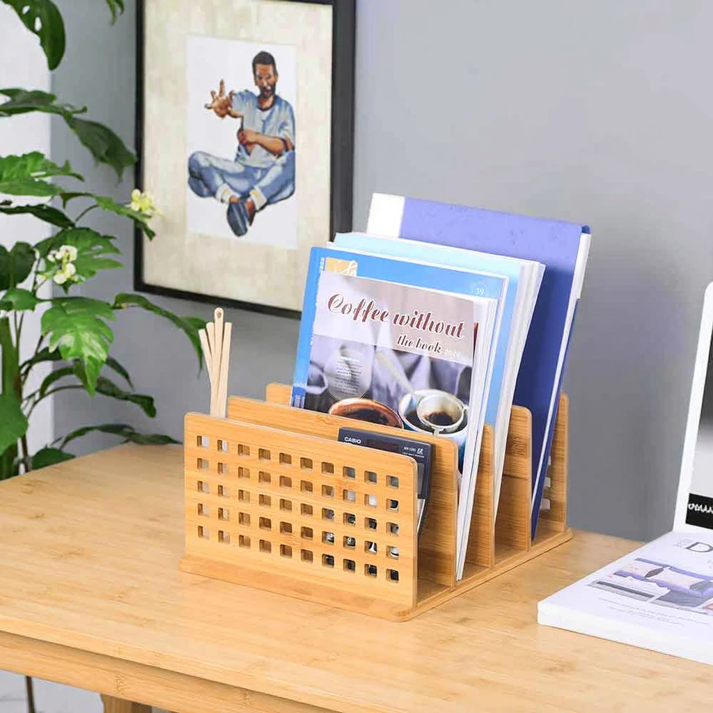 

Bamboo Wood Mail Organizer 4 Slots - File Sorter Letter Folder Envelope Storage for Office Desk