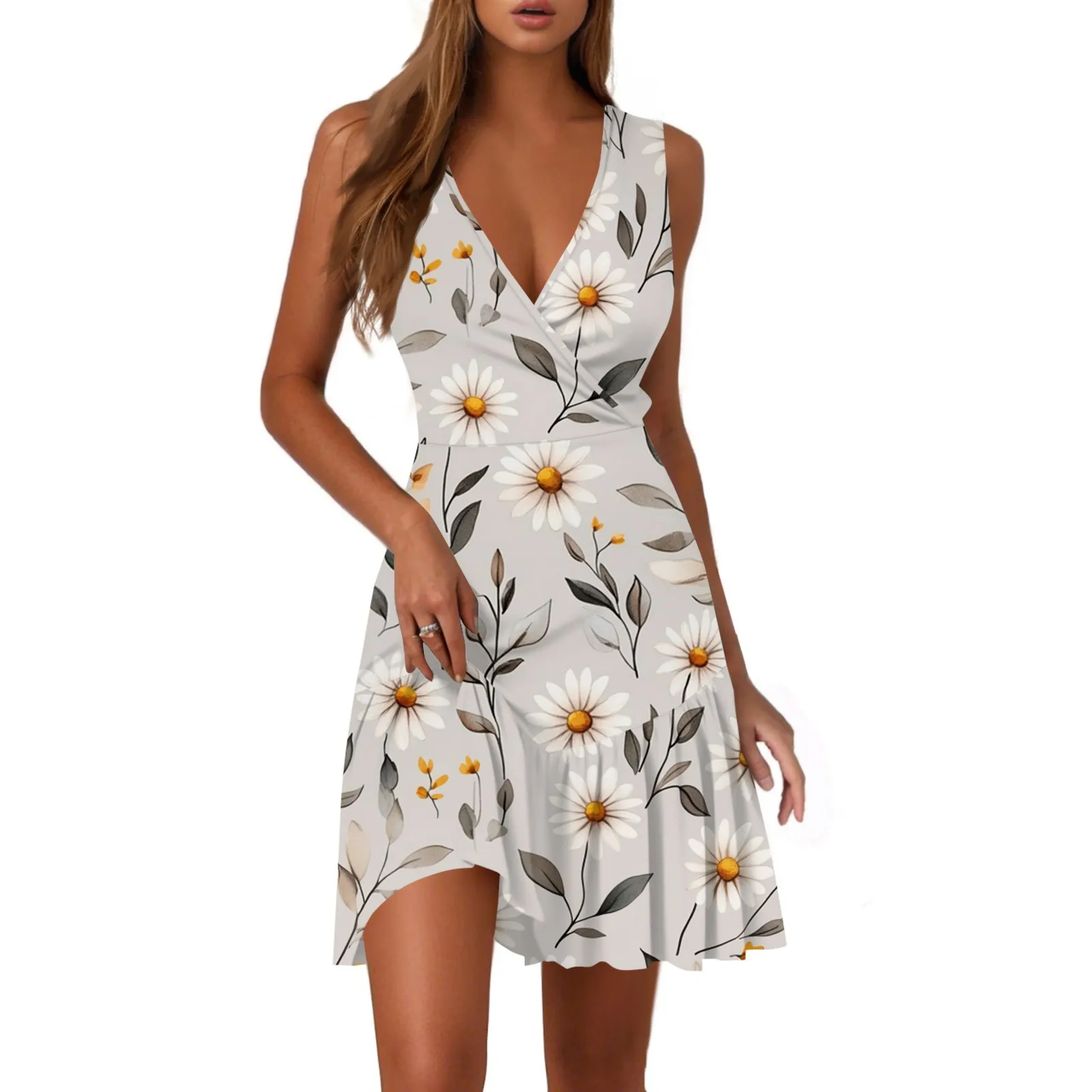 Women's Summer Sleeveless Sexy Wrap V Neck Floral Sundress Mini Dress Ladies Casual Fashion V-Neck Sleeveless Floral Print Dress