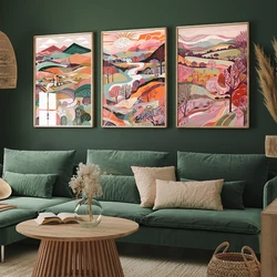Pink Landscape Illustrations Canvas Print Posters Three Abstract Prints Wall Art Posters Wales Art Painting Living Room Decor