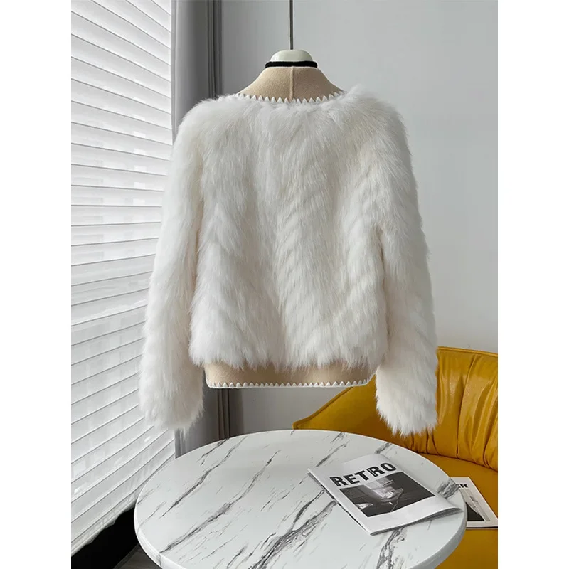 Faux Fur and Wool Reversible Coat with Fox Fur Collar Autumn Winter Fashionable Jacket Women Chic Flocking Plush Aesthetic