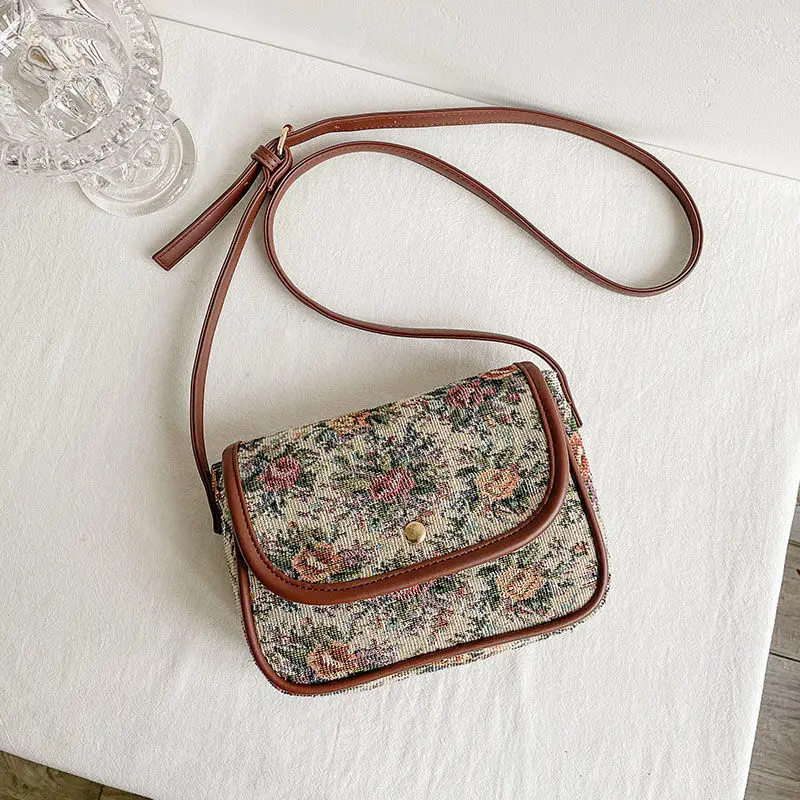 

Hylhexyr Female Embroidered PU Shoulder Bag Canvas Retro Floral Small Square Crossbody Bags Girl Purse For Women