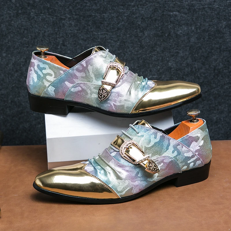 

Gold Wedding Shoes for Men PU Patchwork Printed Pointed Fashionable Buckle Trend Casual Men Shoes