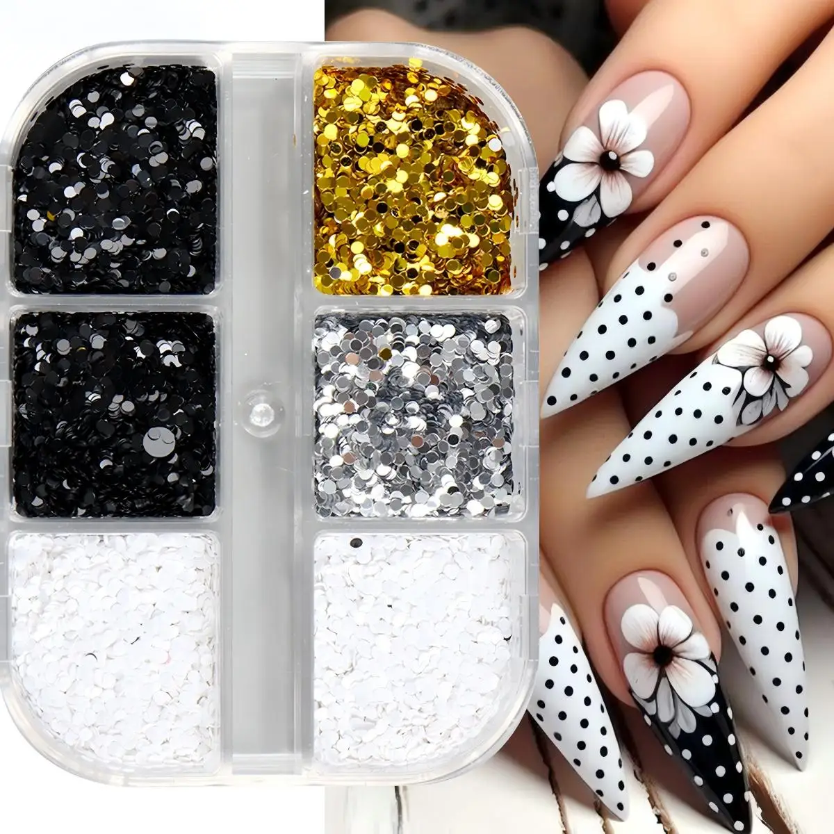 1 Box of 6 Grids 3D Mini Round Nail Sequin Kawaii Korean Black Dot Nail Art Flake Y2K Golden Silvery Shinny Charms Accessories