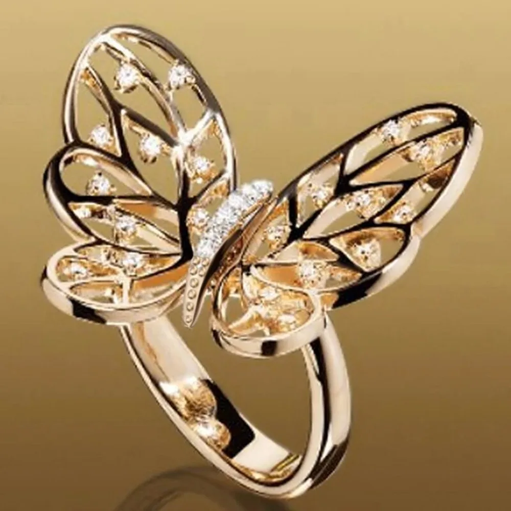 Luxury Temperament Inlaid Round 5A Zircon 3D Openwork Wing Rings for Women Exquisite Evening Statement Fashion Jewelry Colorfast