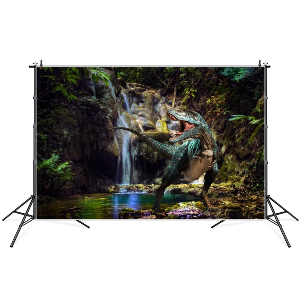 Jurassic World Dinosaur Forest Waterfall Scenic Photography Backgrounds Custom Baby Birthday Party Decoration Photo Backdrops