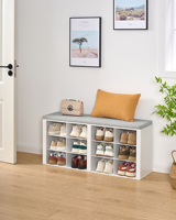 Shoe Bench with Cushion, Entryway Storage Bench with 12 Cubbies, Cubby Shoe Rack with Adjustable Shelves, Shoe Organizer Cabinet