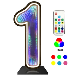 3D Infinite Mirror Tunnel Number 1 LED Neon Light for Party,18in Cool Colorful RGB Light Up USB Numbers with remote control