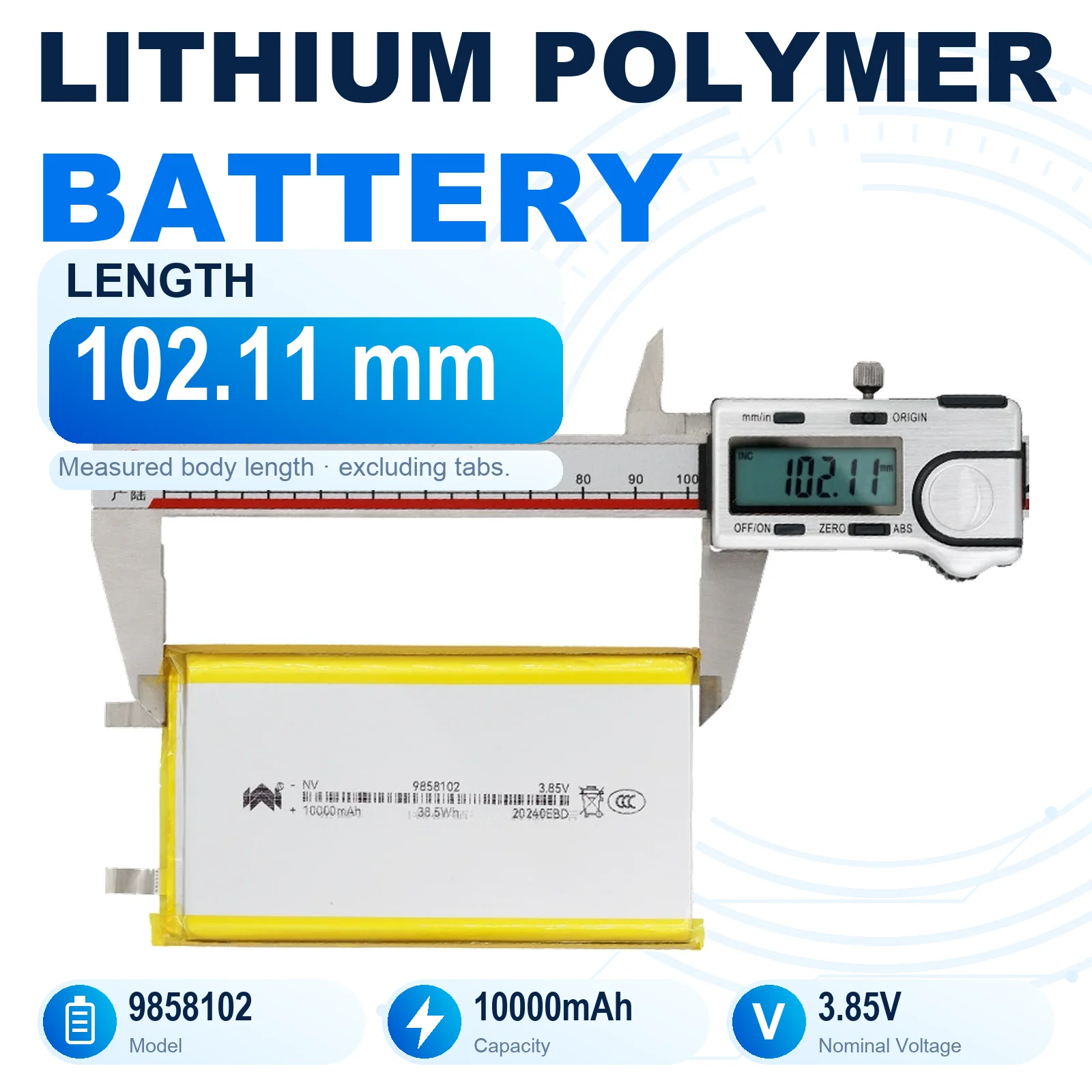 9858102 3.85V 10000mAh Rechargeable LiPo Battery 9.8x58x102mm Lithium Polymer Pouch Cell with Flat Metal Tabs