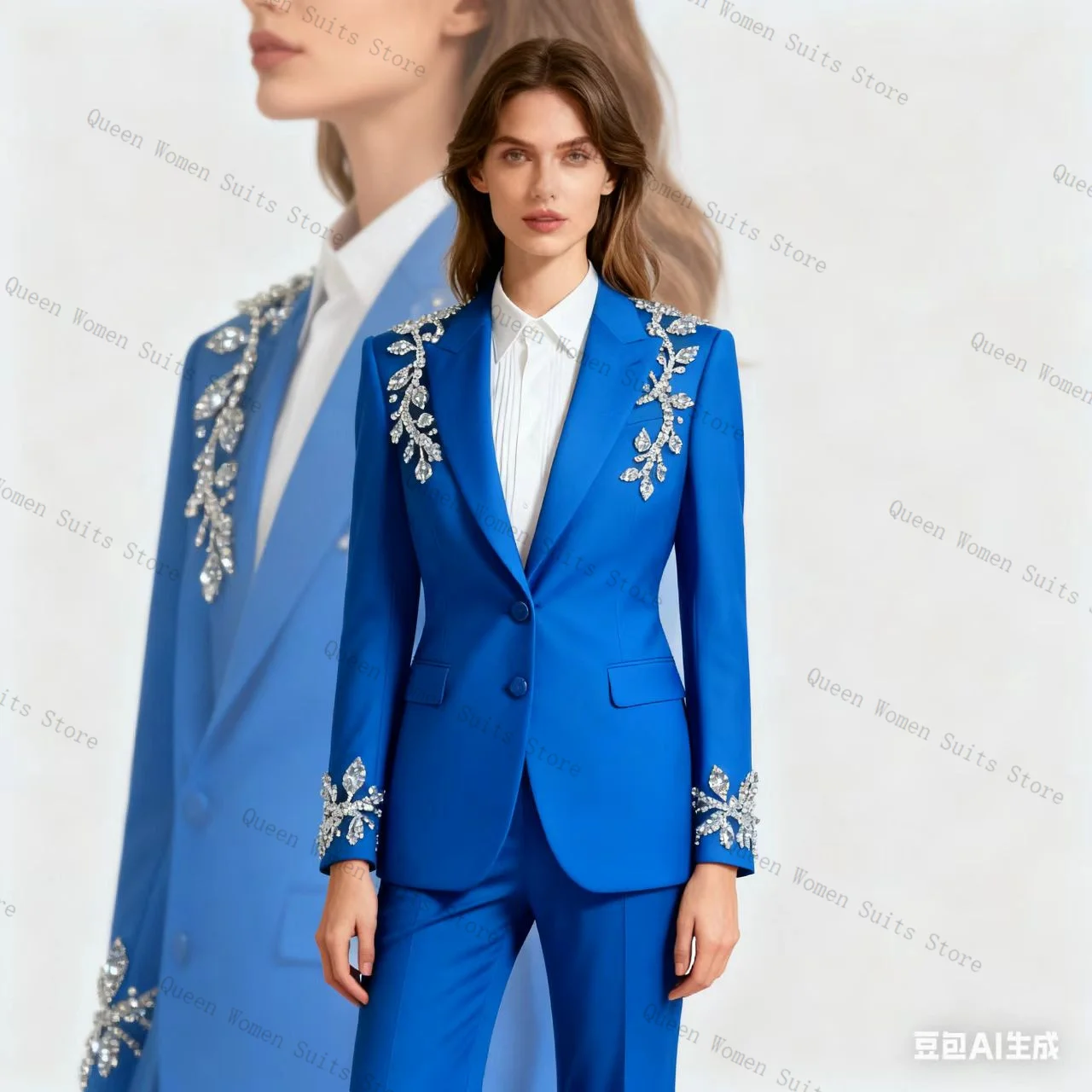 

Blue Crystals Women Suit Set 2 Pcs Blazer+Straight Pants Trousers Cotton Formal Office Lady Jacket Wedding Prom Coat Customized