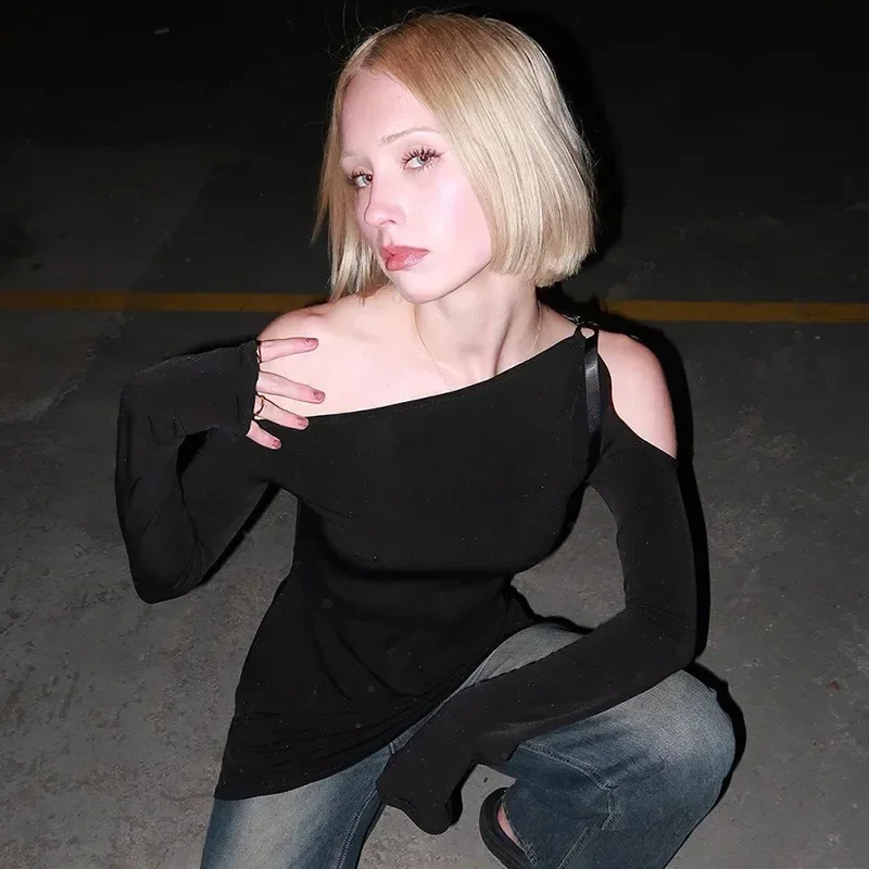 Wiosenna Moda Nowości Długi Rękaw Sukienka Mini Damska z Jednym Ramieniem Plisowana Sukienka z Asymetrycznym Dekoltem