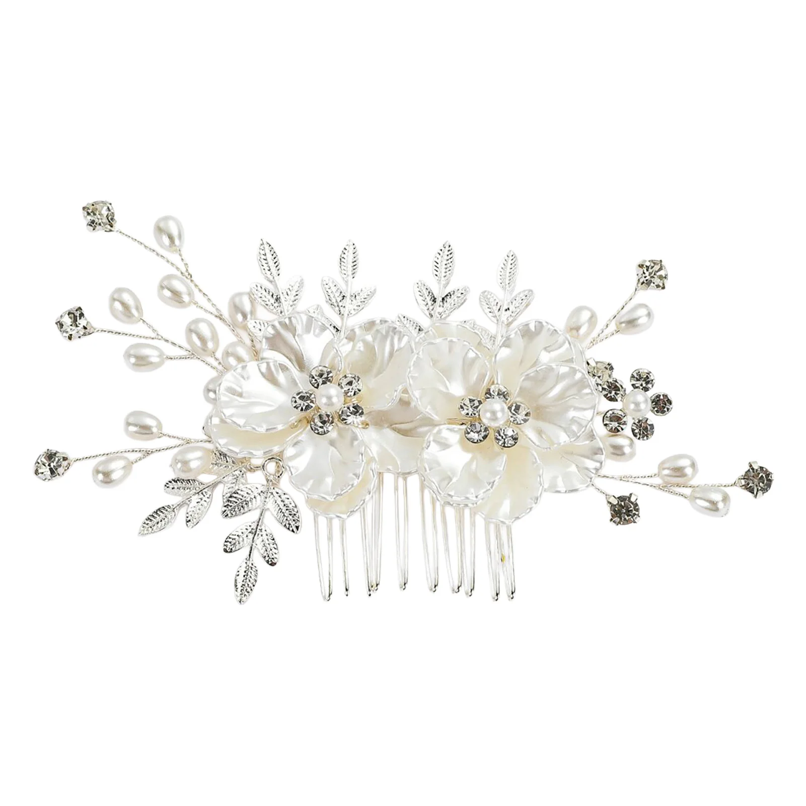 

Расчески для волос с белым цветком, серебряные заколки для волос из сплава в виде листьев, боковые зажимы для невесты, свадебные украшения для волос, головной убор с жемчугом и стразами