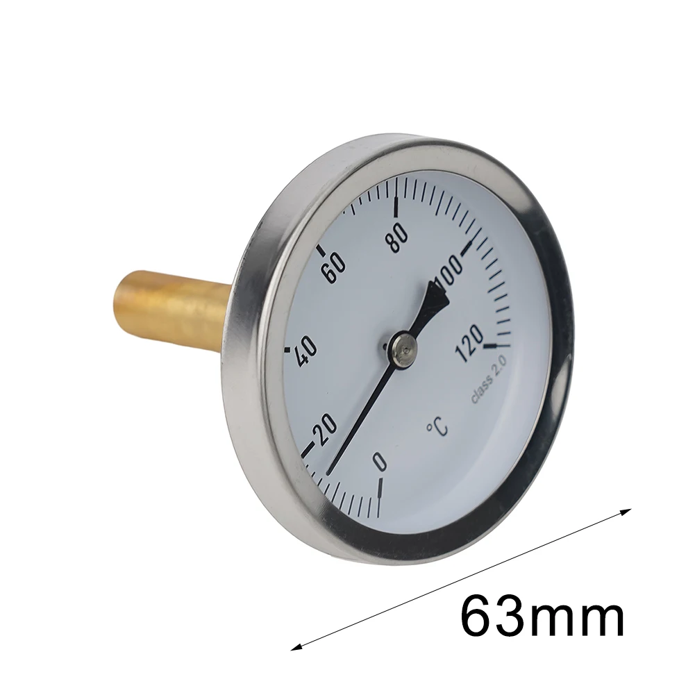 1 X Termometer Bimetalik 0-120 ° C Dengan Casing Baja Tahan Karat 63mm Dan Selongsong Pemanas 1/2 inci Untuk Sistem Pemanas