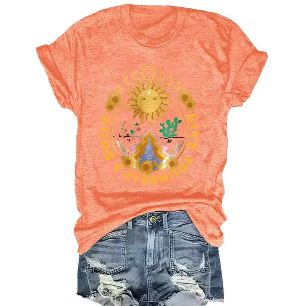 

Summer Women's round Neck Short Sleeve T-shirt Sunflower Pattern Printed Casual Fashion European American Style Hot Sale