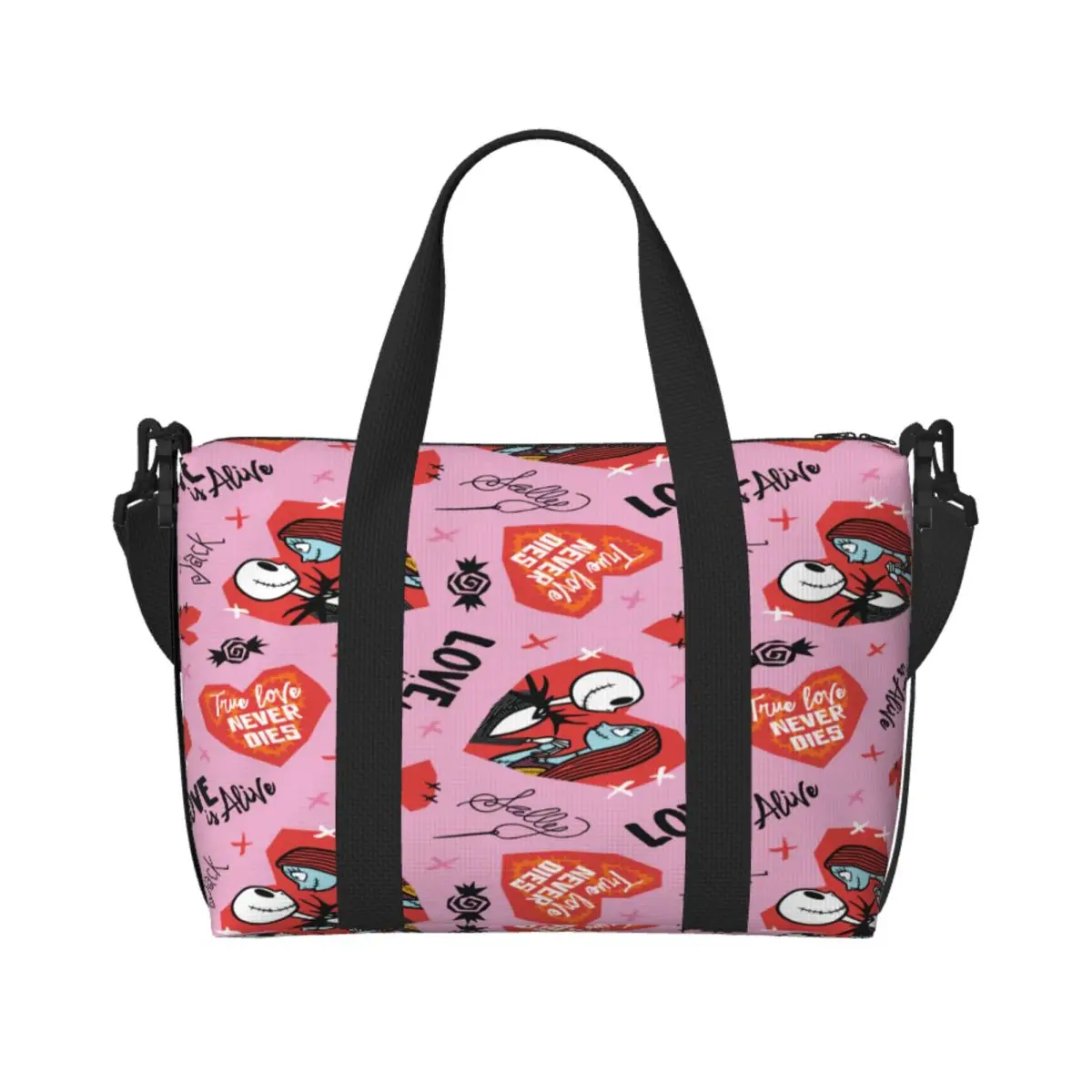 

Custom Halloween Horror Vintage Skull Jack Sally In Love Pattern Beach Tote Bag Extra Large Gym Carry On Travel Shopping Bags