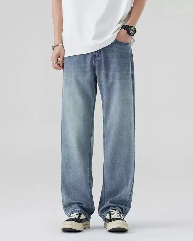 جينز جديد ذو سكين منحني للرجال بنطال جينز أمريكي عتيق مغسول بأرجل واسعة للفصول الأربعة فضفاض مستقيم الساق يشعر جينز الشارع