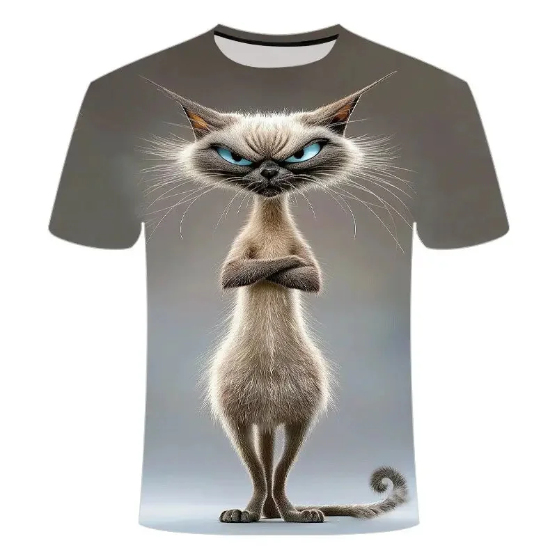 Funny Cat Pattern T-Shirt for Men Personality Animal 3D Printed T Shirts Summer Loose Short Sleeved Tops Casual Round Neck  Tees - view 3