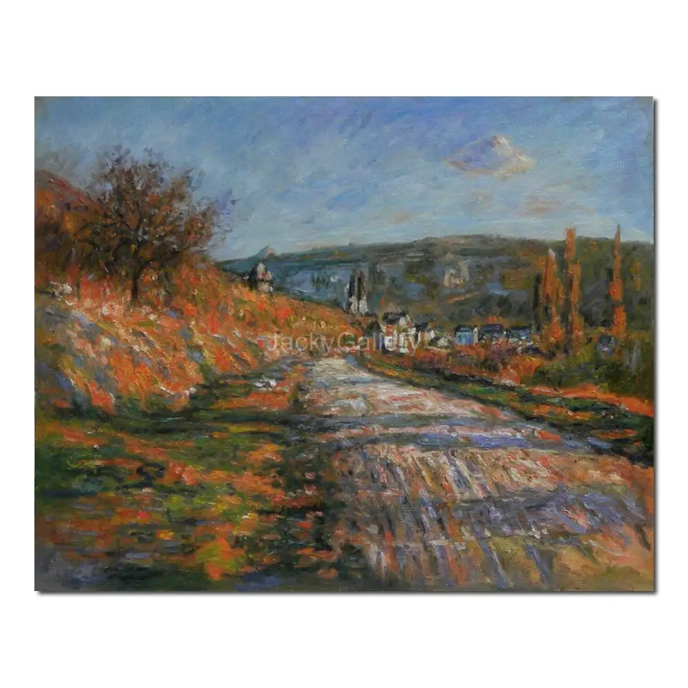 

Hand Painted Painting in Oils Claude Monet Road Vetheuil Canvas Art Reproduction Landscape for Restaurant Wall Decor