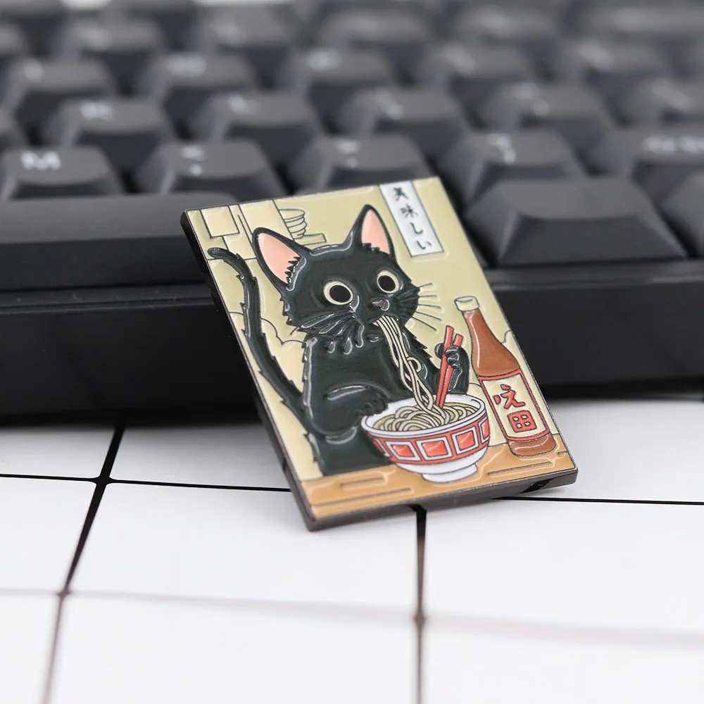 Cute Black Cat Eating Ramen Enamel Pin Japanese Noodle Art Lapel Brooch Kawaii Backpack Clothes badges accessories Funny Foodie