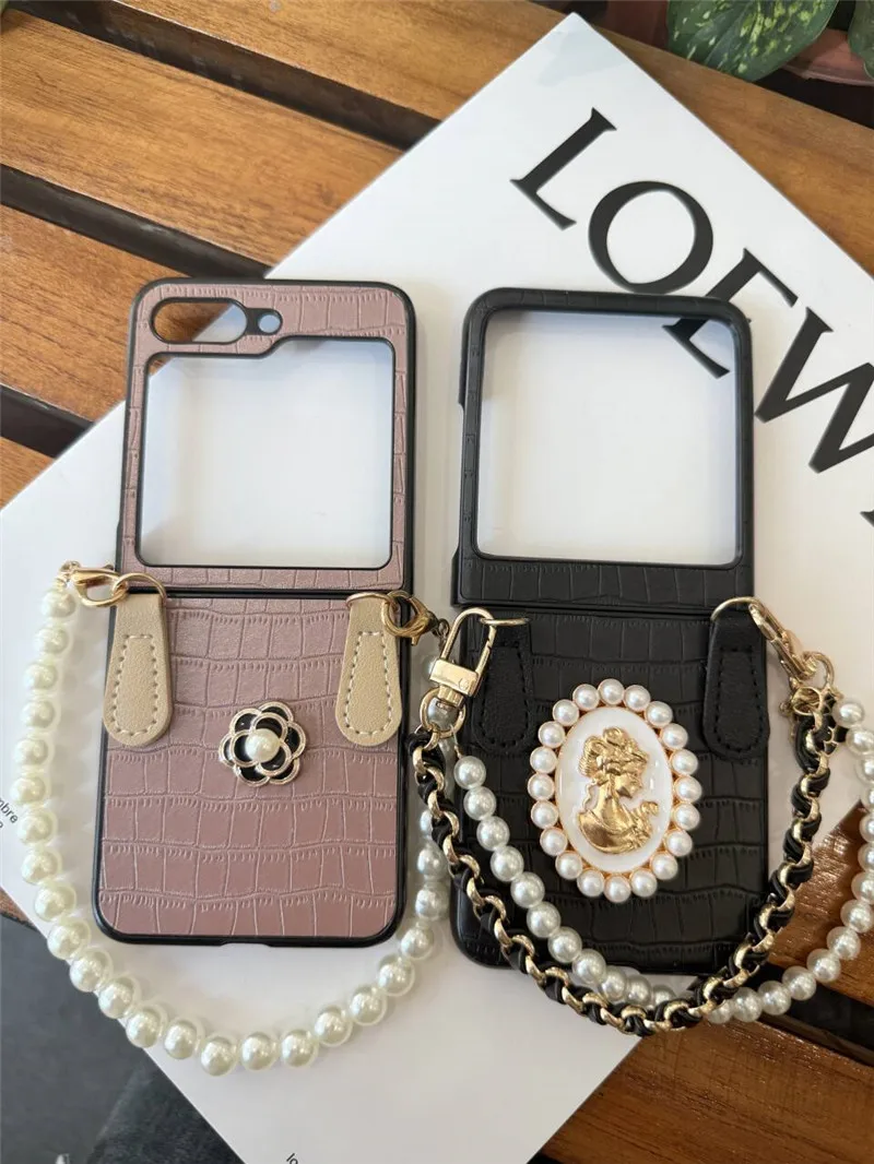 Capa DIY com Corrente de Pérolas para Samsung Galaxy Z Flip6, Z Flip7, 5, 4, 3, Capa Moto Razr50 Ultra, Xiaomi Mix Flip, Capa N3Flip