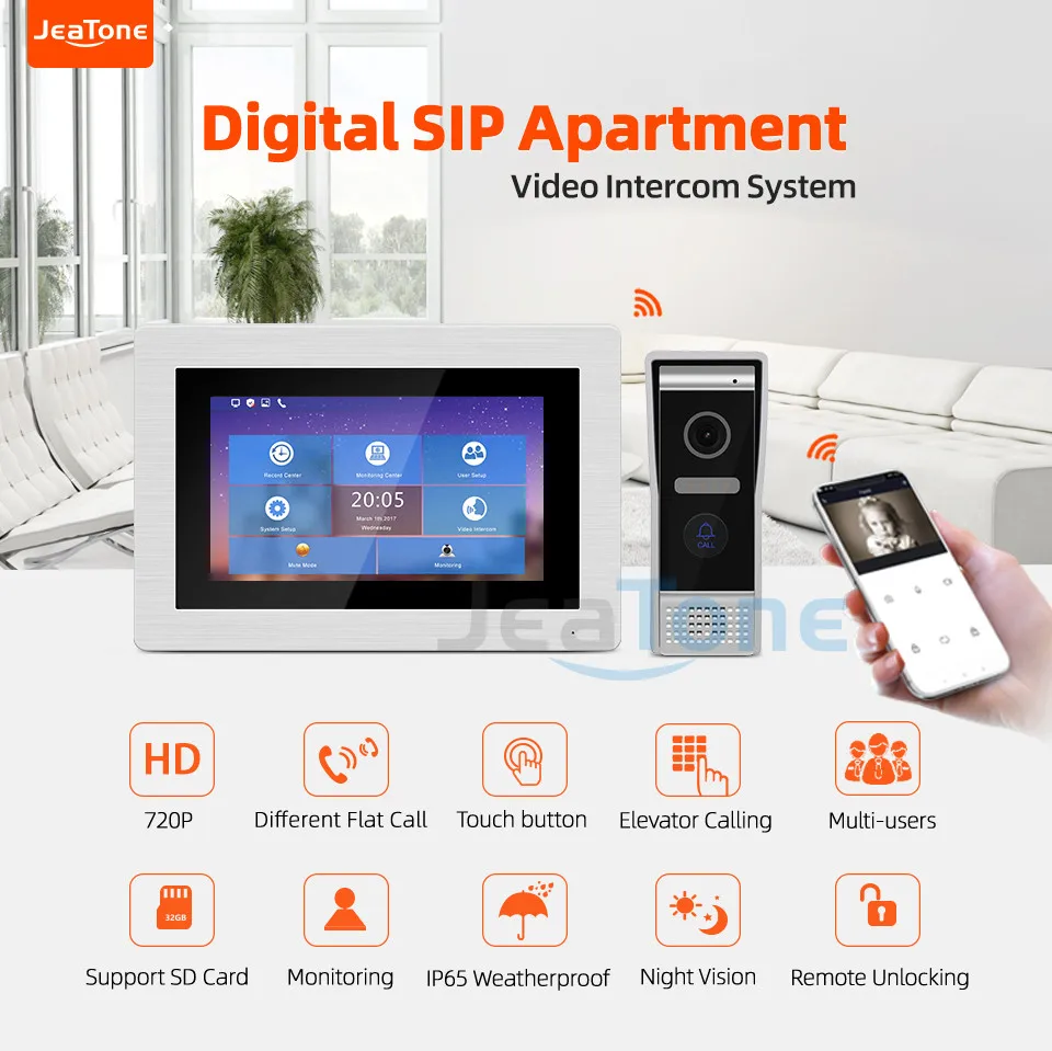 Jeatone-videoportero inalámbrico IP, Control de acceso, timbre inteligente con pantalla táctil y cámara HD de 720P