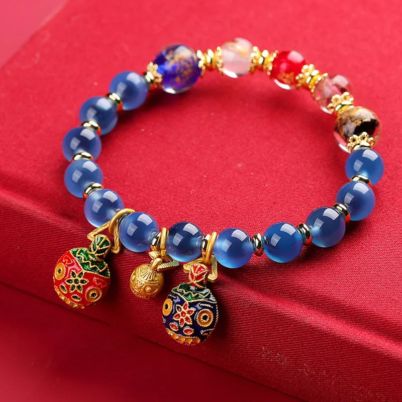 Natural Sugar Heart Agate Gold Foil Glass Bracelet with Gold-eating Beast Peace Joy Fortune Charms Half Sugar Bracelet Gifts