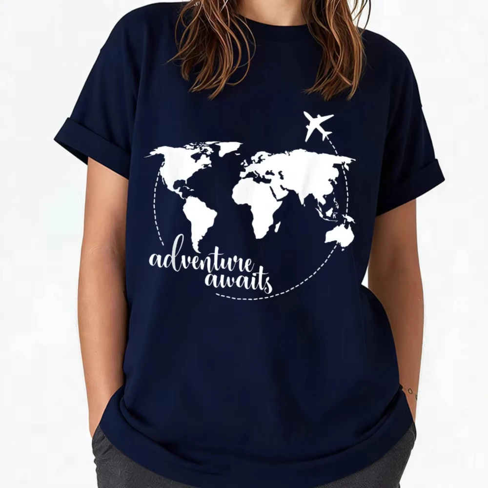 Adventure Awaits World Map Airplane Wanderlust Travel Lover Hiker Casual Cotton Unisex Short Sleeve Shirt Gift Graphic T Shirts
